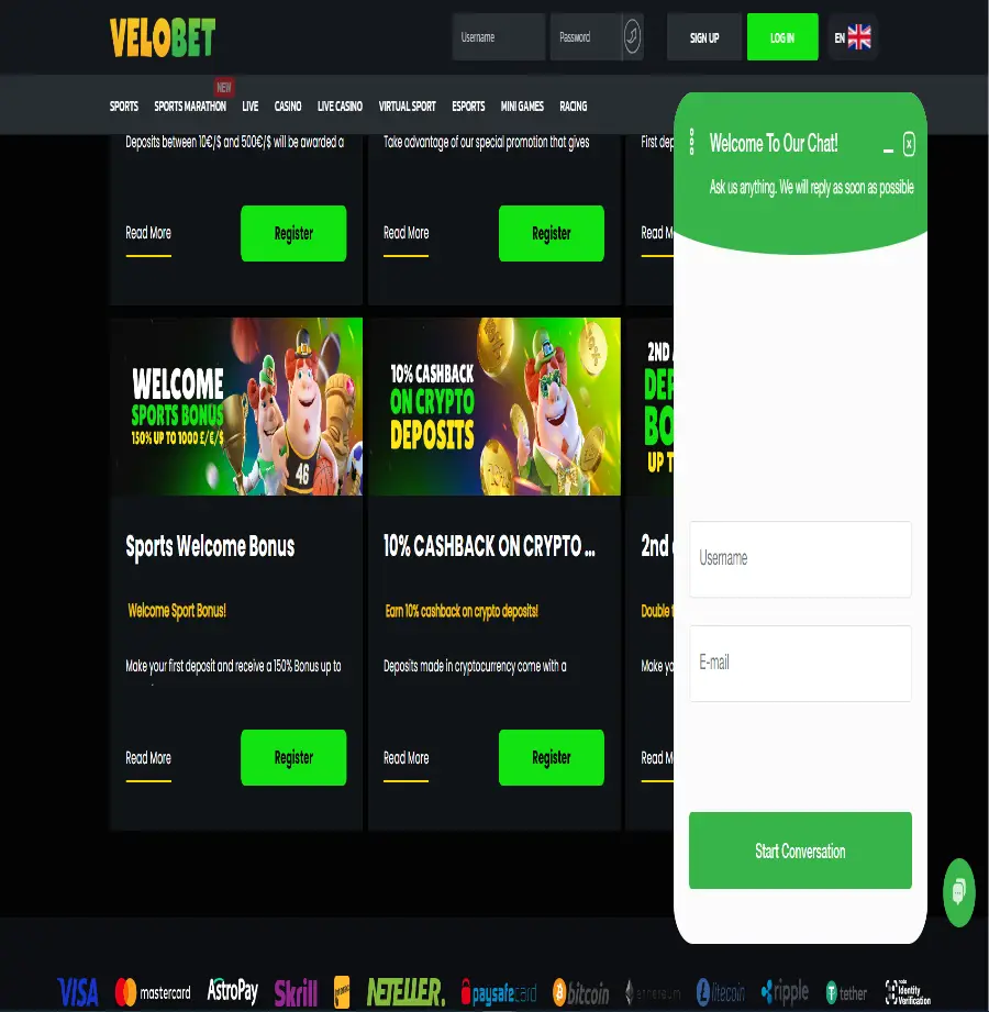 Live Chat pop up at Velobet